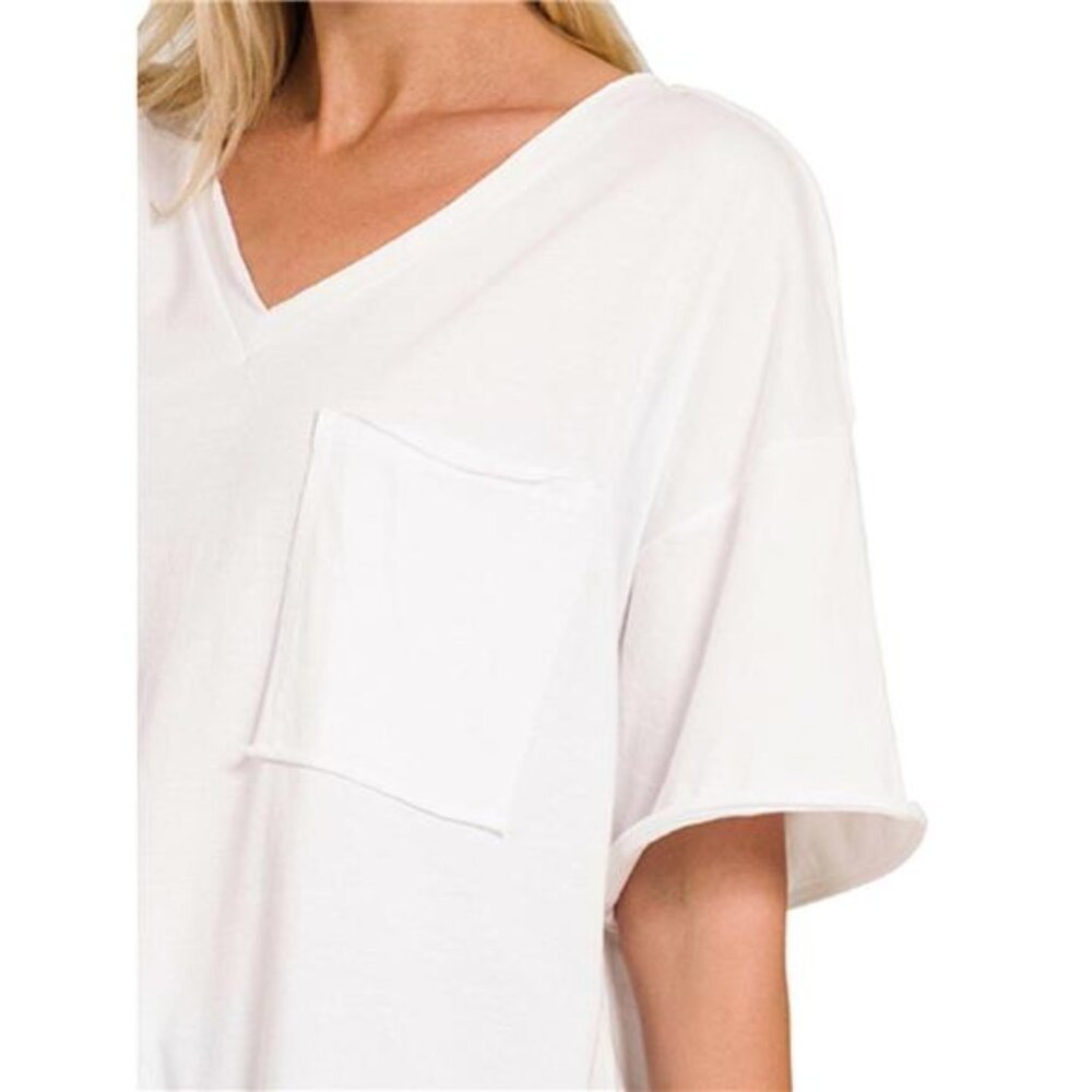 Zenana Front Pocket Raw Edge‎ Boyfriend Tee - Picture 2 of 3